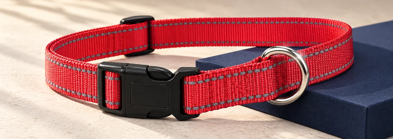 Sturdy D-ring, quick-release buckle, and adjuster hardware on dog collar