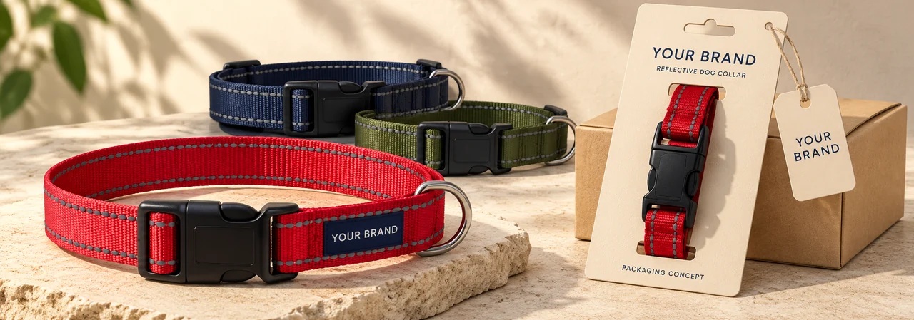 Custom branded reflective dog collar with woven label and retail packaging
