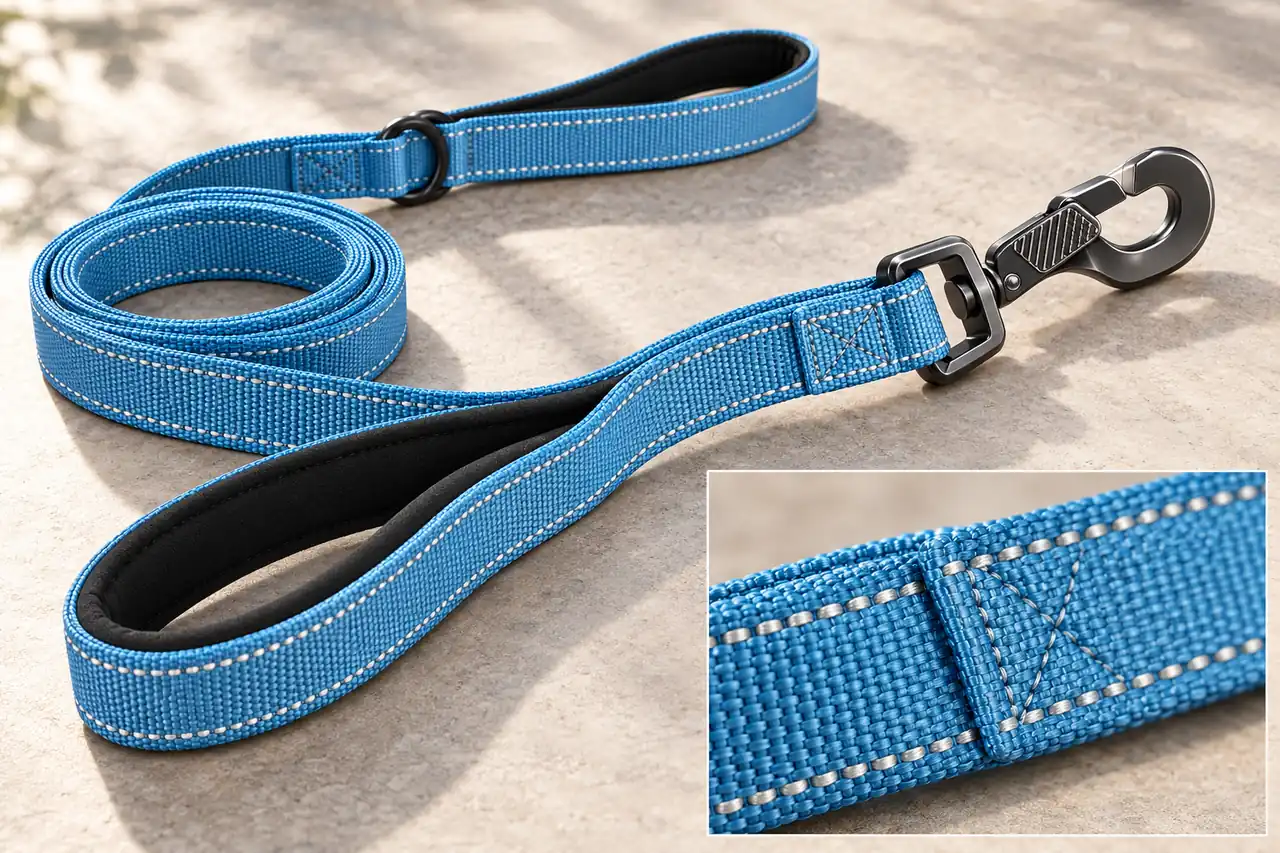 Close-up of reinforced nylon dog leash webbing and stitching