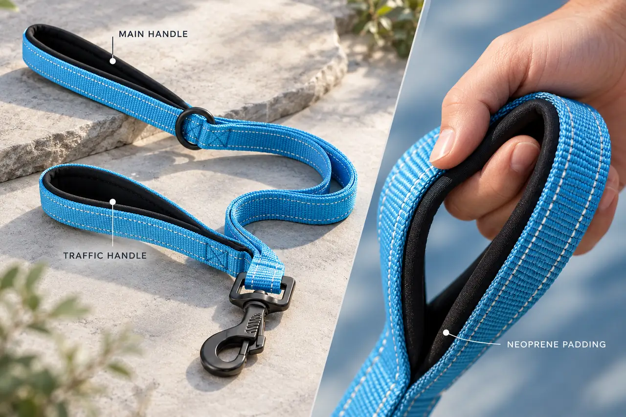 Reflective dog leash with main and traffic neoprene padded handles