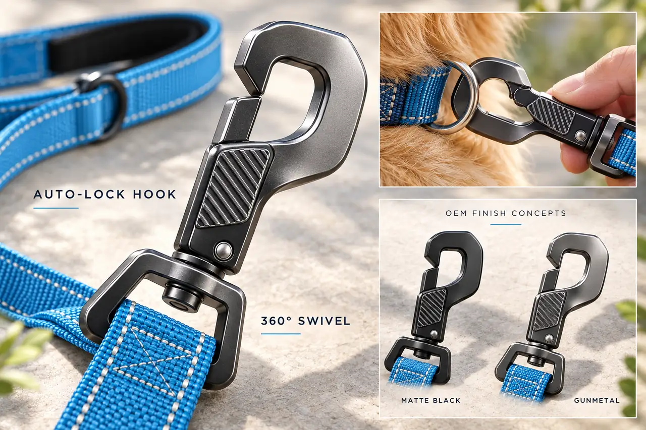 Auto-lock swivel dog leash hook and corrosion-resistant hardware