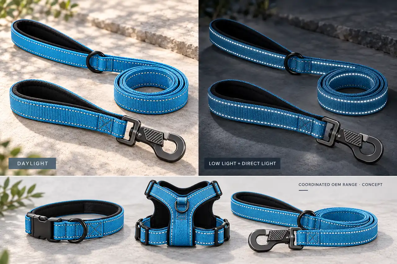 Reflective leash visibility in low light with coordinated collars and harnesses