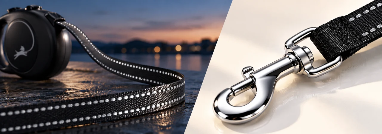 Reflective tape in low light and 360-degree swivel-hook hardware