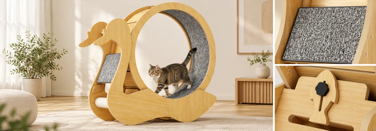 Swan silhouette, running wheel, side scratching pad, and wooden fish lock