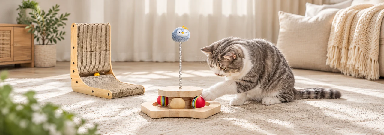 tray with captive rolling ball and coordinated wooden pet products