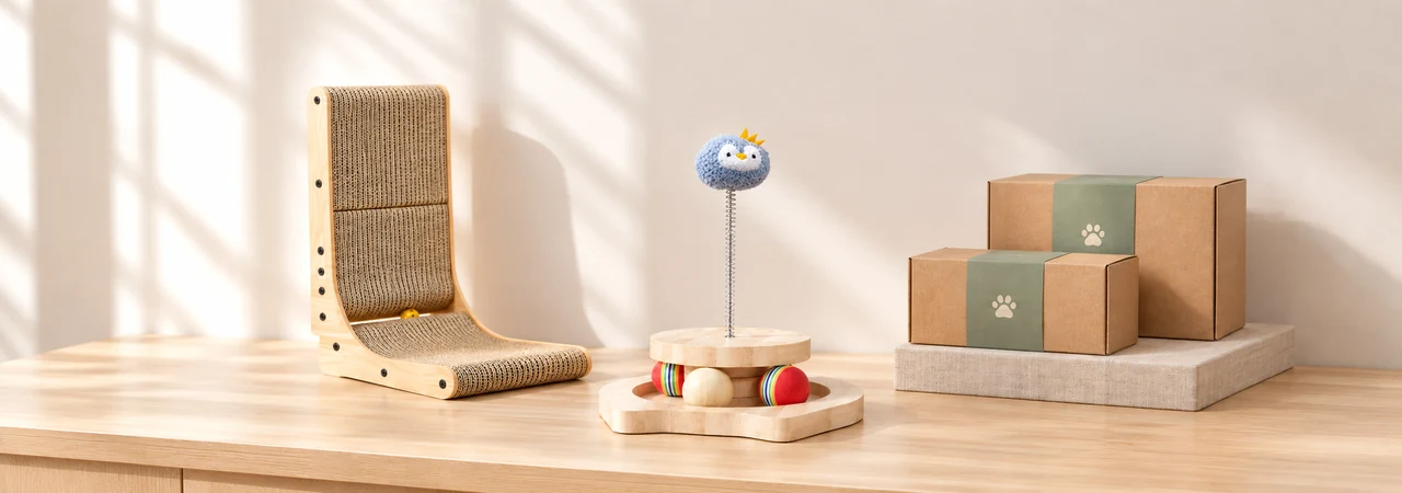 cat entertainment tray displayed with coordinated wooden pet products