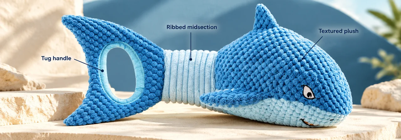 Shark plush dog tug toy showing its textured body, raised fins, and tail-loop handle