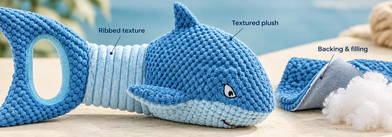 Close-up of plush fabric, ribbed midsection, backing, and filling