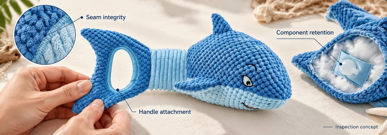Shark plush toy seam-pull, handle attachment, and squeaker retention inspection