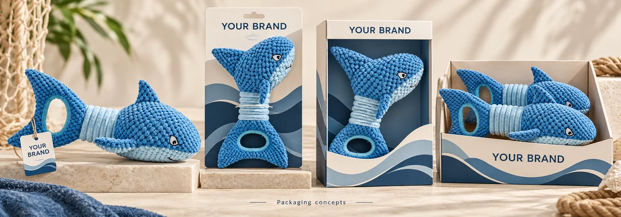 Private label shark plush toy hang tag, backing card, box, and multipack packaging