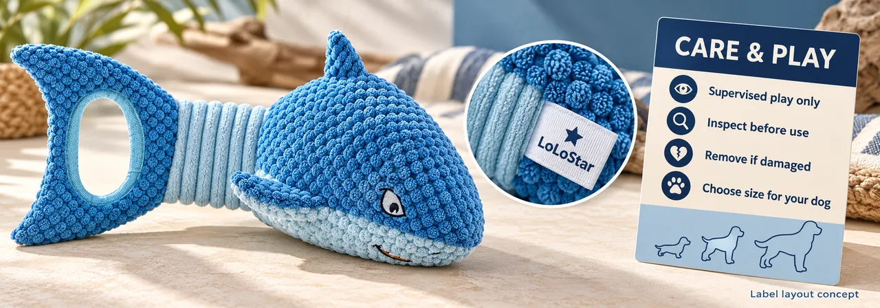 Shark plush toy care label, supervised play warning, and dog-size guidance