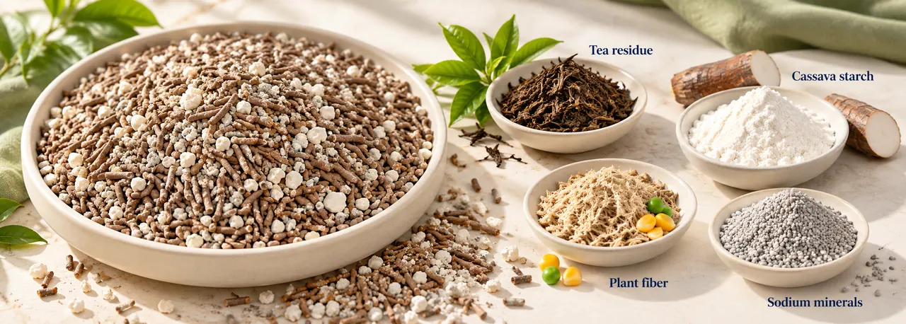 Ingredients and granules of tea and cassava mixed cat litter