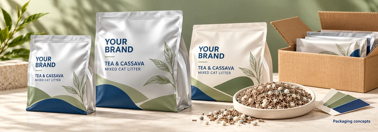 Private label tea and cassava cat litter retail packaging