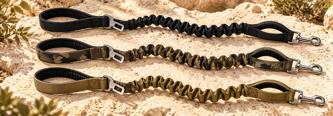 The leash in tactical Black, Camo, and Army Yellow colorways