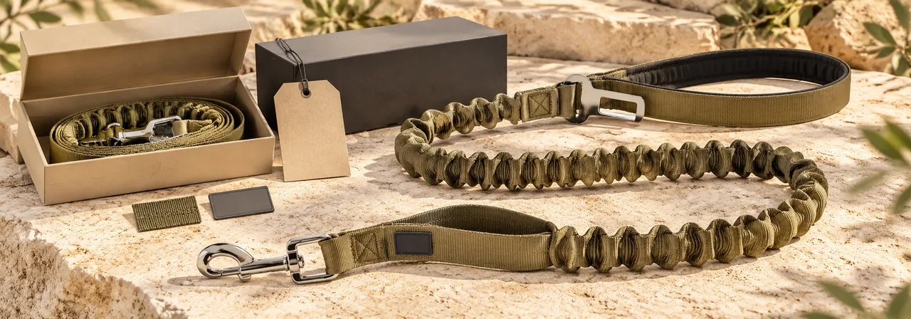 Tactical dog leash with woven label, rubber logo, hang tag, and retail packaging