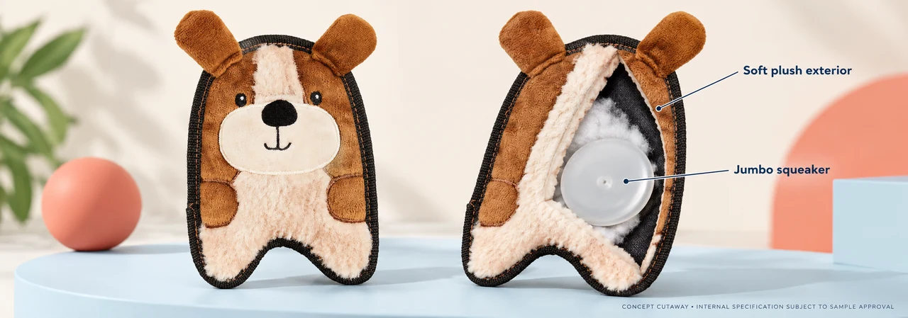 jumbo squeaker built into a plush dog toy