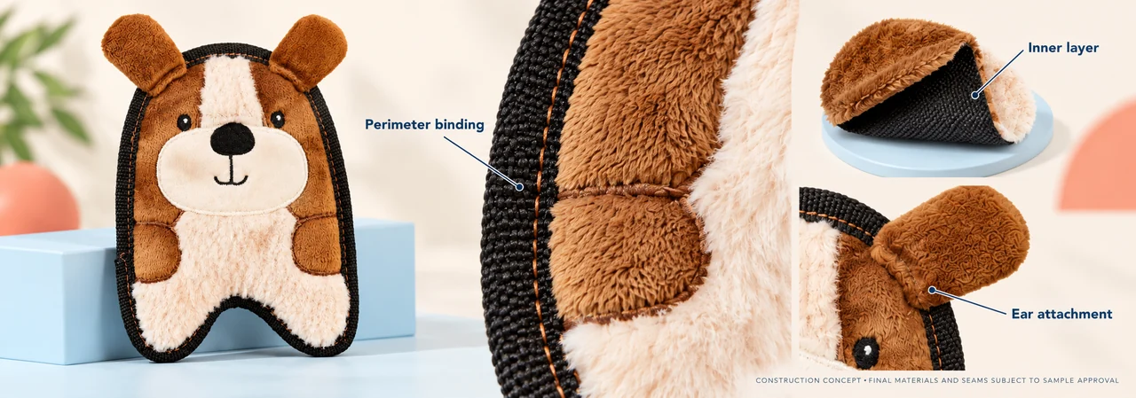 reinforced perimeter binding and inner layer of a plush dog toy