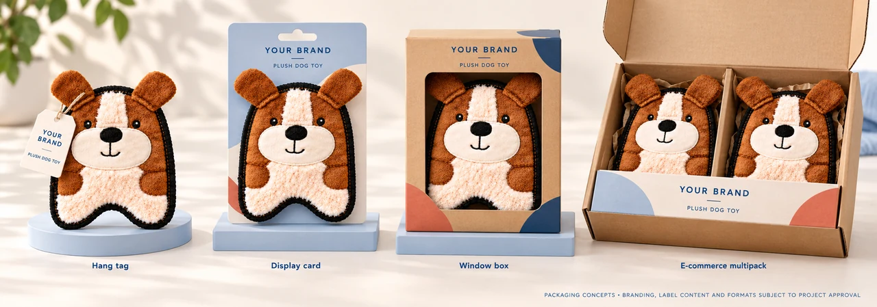 branded plush dog toy retail packaging range
