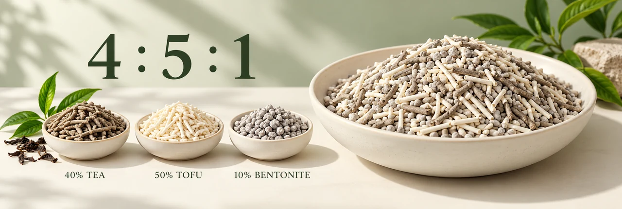 Tea, tofu, and bentonite ingredients beside finished litter granules