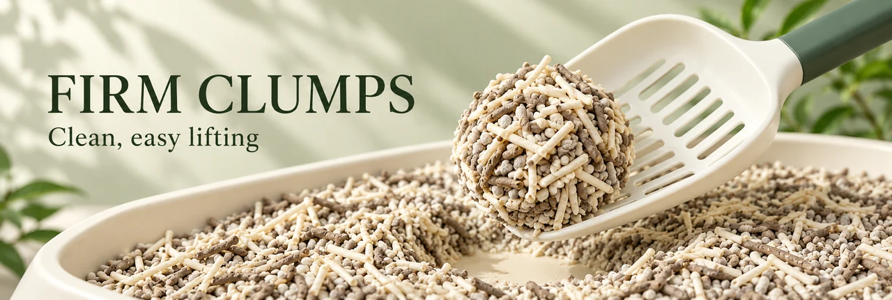 Close-up of firm tea based cat litter clumps in a litter tray