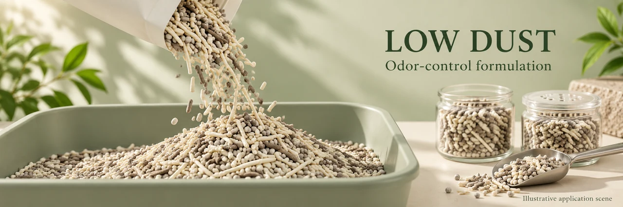 Low dust pouring of tea based cat litter and odor control performance