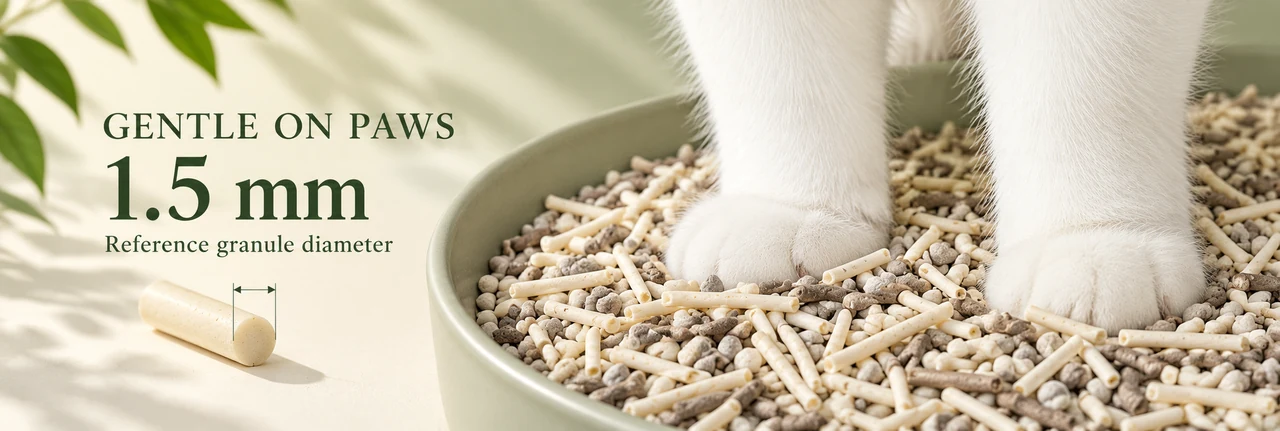 Macro photograph of 1.5 mm tea based cat litter granules