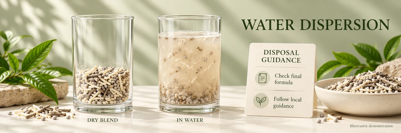 Tea based cat litter granules dispersing in a controlled water test