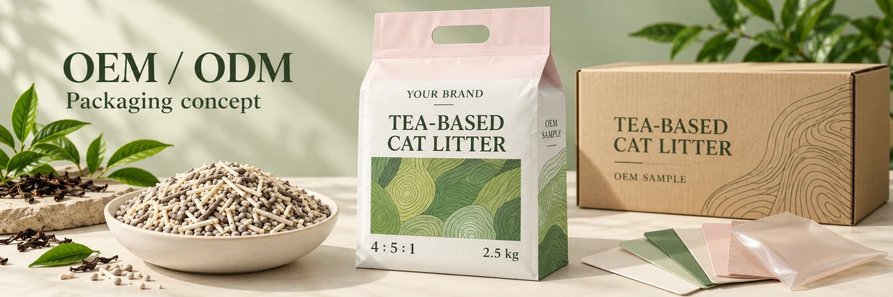Private label tea based cat litter package, bag and export carton