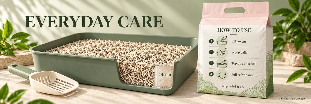 Consumer cat litter tray showing recommended litter depth and use