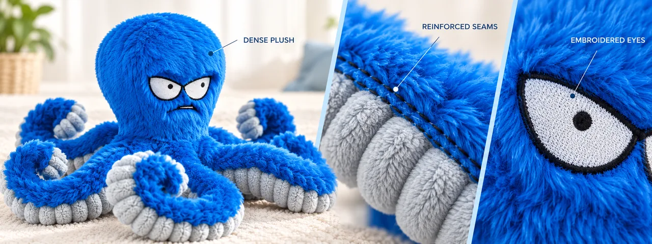 Close-up of Chew-Guard seams and embroidered eyes