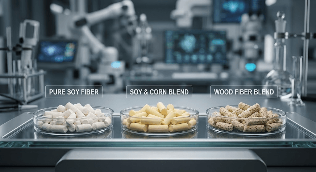 Laboratory testing of tofu cat litter materials, comparing pure soy fiber, soy and corn blend, and wood fiber blend.