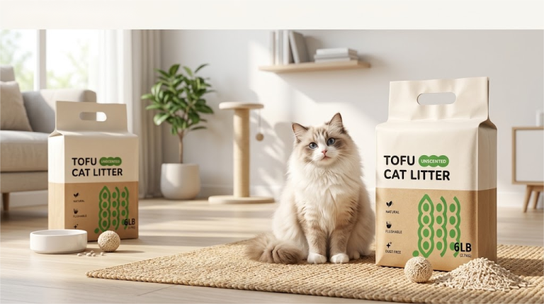 Natural tofu cat litter bag next to a fluffy cat in a living room, illustrating the comparison of tofu cat litter vs bentonite and crystal litter.