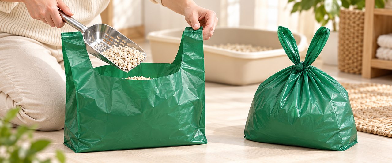 Cat litter bag with wide opening and tie handles