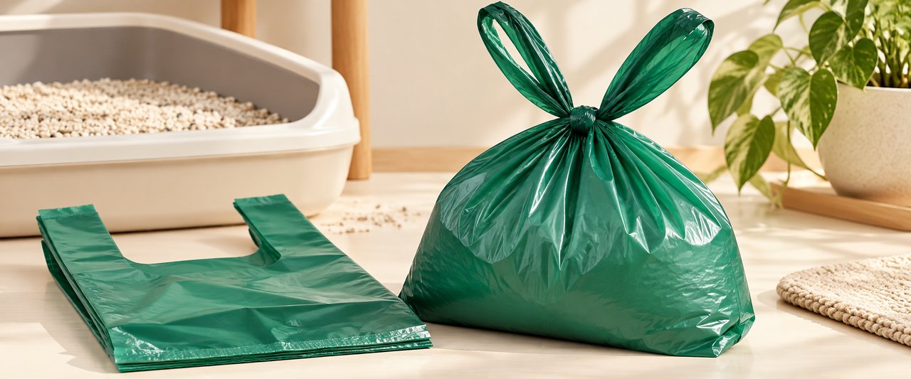 Cat litter bag bottom seal and tied closure detail