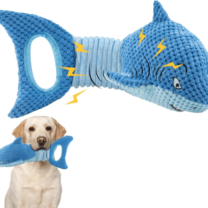 发生毛绒狗玩具 Wholesale blue plush shark squeaky dog toy with tug handle