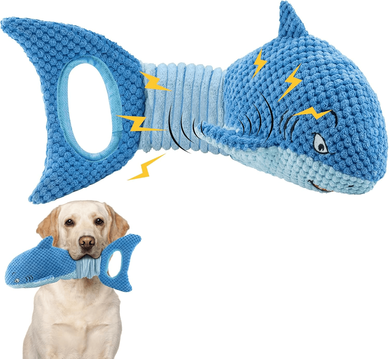 Wholesale blue plush shark squeaky dog toy with tug handle